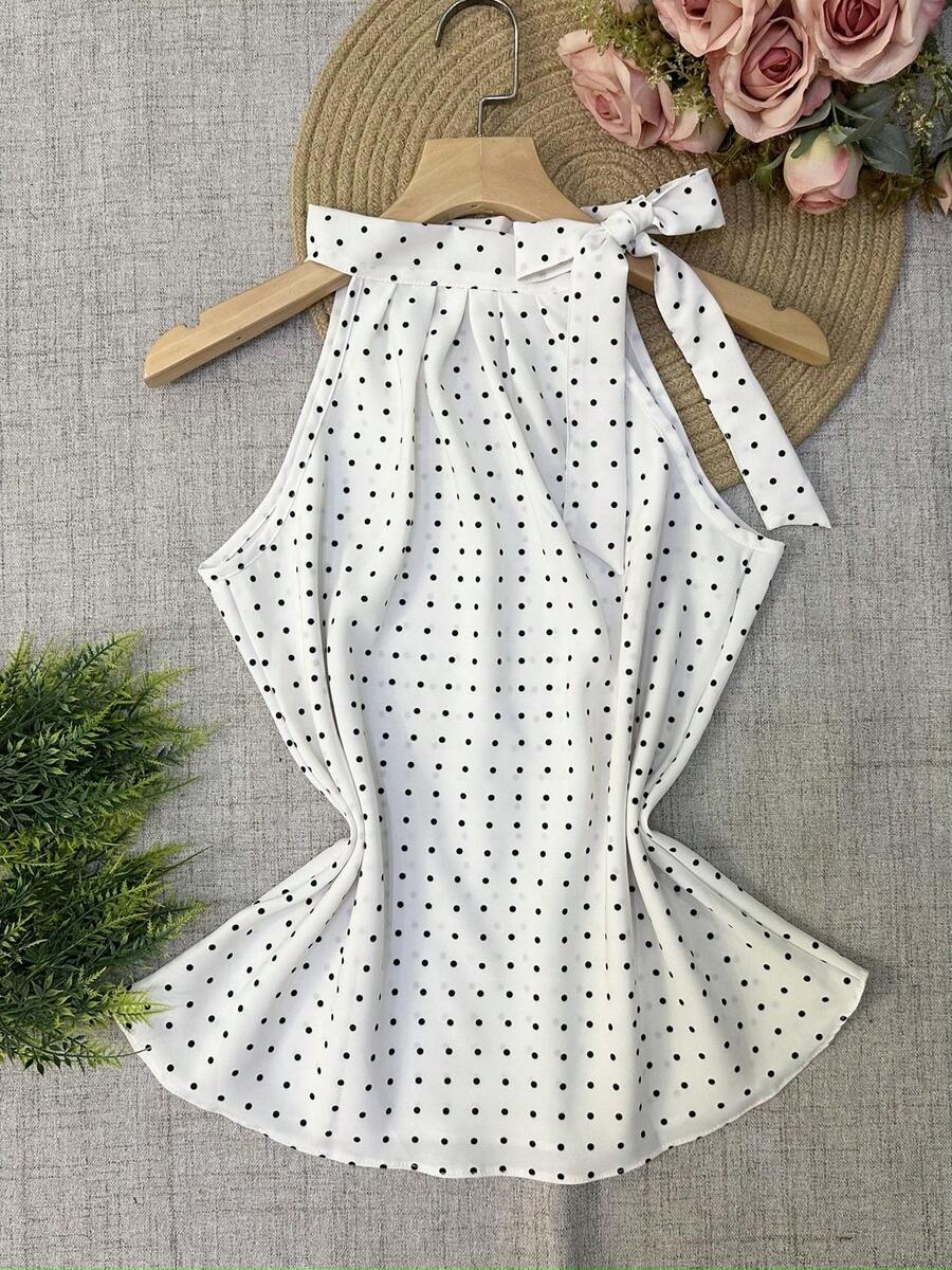 Polka Dot Tie Tank Top - White - View 1