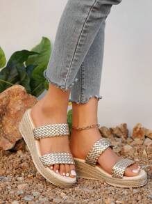 Women's Thick Sole Straw Rope Woven Summer Beach Vacation Casual Fashion Slip-On Platform Wedge Sandals