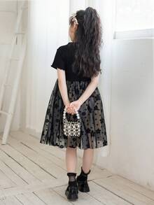 Vestido corto de manga corta de tul para niñas, verano - Negro - Ver 2