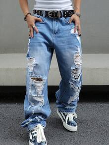 Y2K Ripped Baggy Jeans For Men Distressed Wash Wide-Leg Streetwear Star Waist Full-Length Pants - 淺色水洗藍 - 查看 2