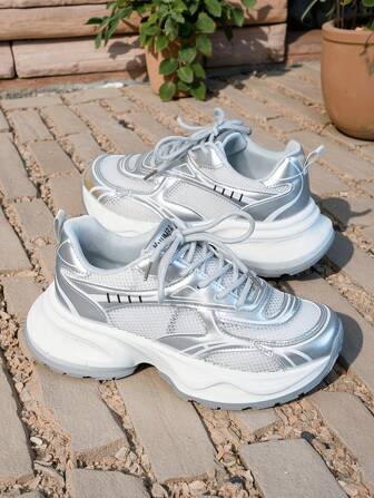 2025新款银色厚底运动鞋，厚底厚底休闲鞋，透气网眼，时尚街头风格，2色可选