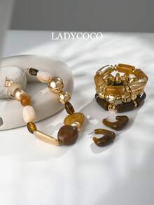 LADYCOCO 6 件套复古夸张厚多层棕色亚克力串珠项链和金色变形串珠手链，女士和情侣款，适合派对和日常佩戴 - 1條項鍊/3條手鍊/1對耳環 - 查看 3