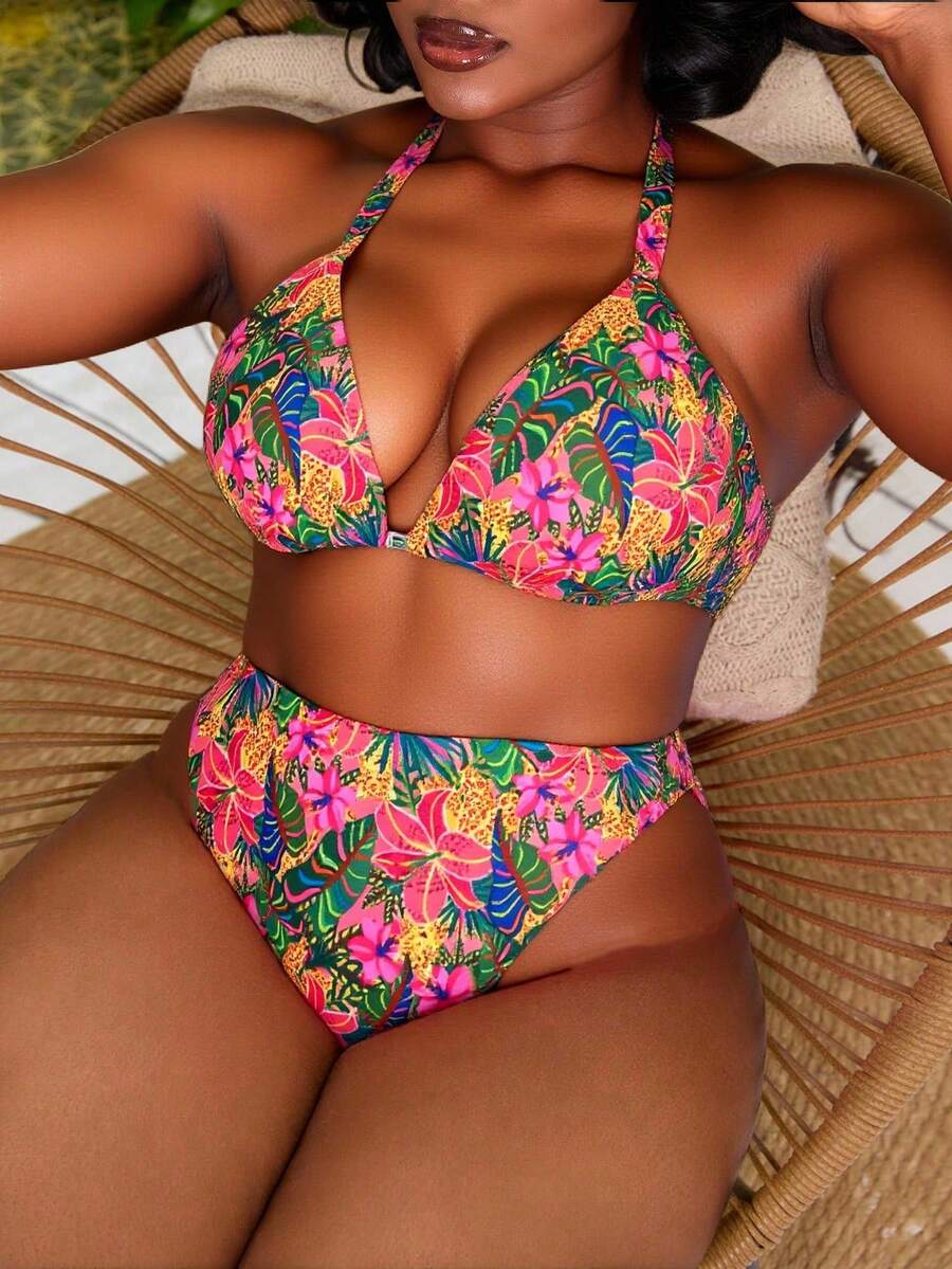 Slaydiva Bộ bikini hở lưng họa tiết cây nhiệt đới cỡ lớn dành cho nữ, kỳ nghỉ thường ngày - Nhiều màu - Xem 1
