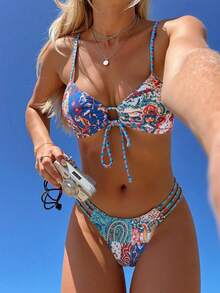 Swim Vcay Women's Summer Beach Floral Print Tie-Front Sexy Bikini Set, Random Print - Multicolor - View 1