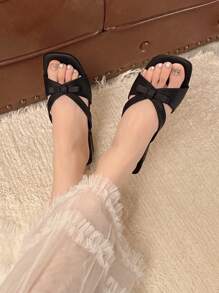 Women's Mid Heel Elegant Sandals, Bowknot Chunky Heel Slide Sandals, Ladies Slip On Slippers