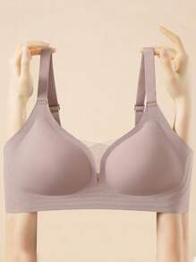 Plus Size Seamless Underwire-Free Padded Plunge Bra With Adjustable Back Closure, For Small Bust Women