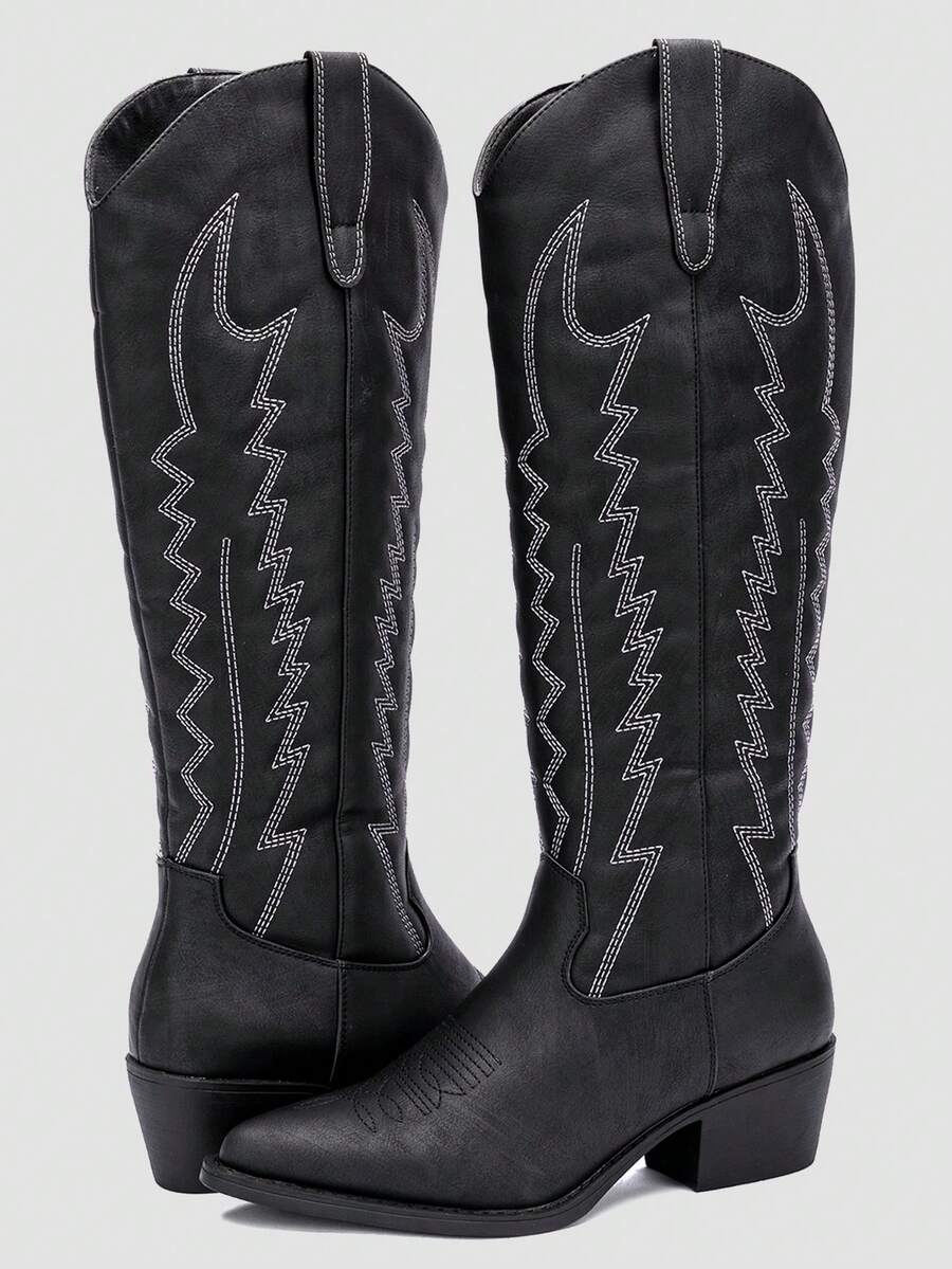 GLOBALWIN Women's Knee High Long Pointed Toe Western Cowboy Boots For Women Fall Boots Halloween Season - 黑色 - 查看 1