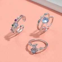 3pcs Fashion Jewelry Luxurious Multilayer Rhinestone Heart & Flower Stackable Open Ring, Suitable For Women's Daily Wear