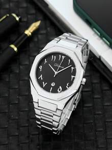 DENVOSI 1pc Men's Quartz Watch With Unisex Steel Strap, Arabic Numeral Scale, Fashionable Business, Water Resistant, Date Display, Suitable For Daily Wear - Black - View 3