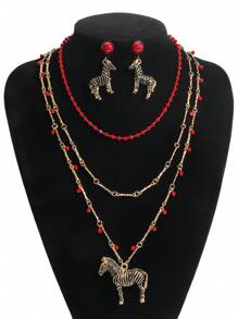 5pcs Vintage Enamel Zebra Animal Pendant Earrings Necklace Set, Handmade Multi-Layer Beaded Zebra Jewelry With Stylish Design, Perfect Jewelry Gift For Women