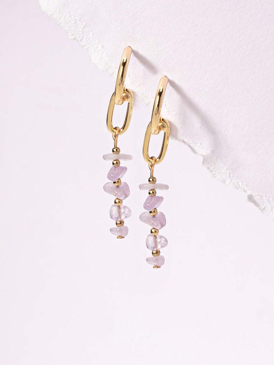 1 Pair Natural Stone Chips Decor Dangle Drop Earring For Women - Multicolor - View 1