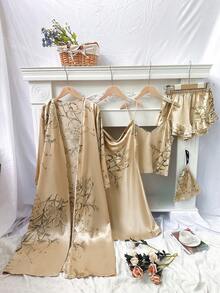 Pigiama stampato da donna color champagne, set da 4 pezzi, abito sottoveste, gonna, vestaglia, pantaloncini, accappatoio, kimono, abbigliamento da notte e abbigliamento per la casa. - Champagne - Visualizzare 4