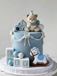 1pc Cute Teddy Bear Cake Topper Decoration, Cartoon Baby Wooden Horse Cake Decoration For Baby Birthday
