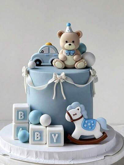 1pc Cute Teddy Bear Cake Topper Decoration, Cartoon Baby Wooden Horse Cake Decoration For Baby Birthday