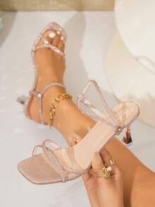 Teenage Girls Rhinestone Strap Flip Flops, Casual Holiday Glamorous High Heel Open Toe Sandals - Champagne - View 7