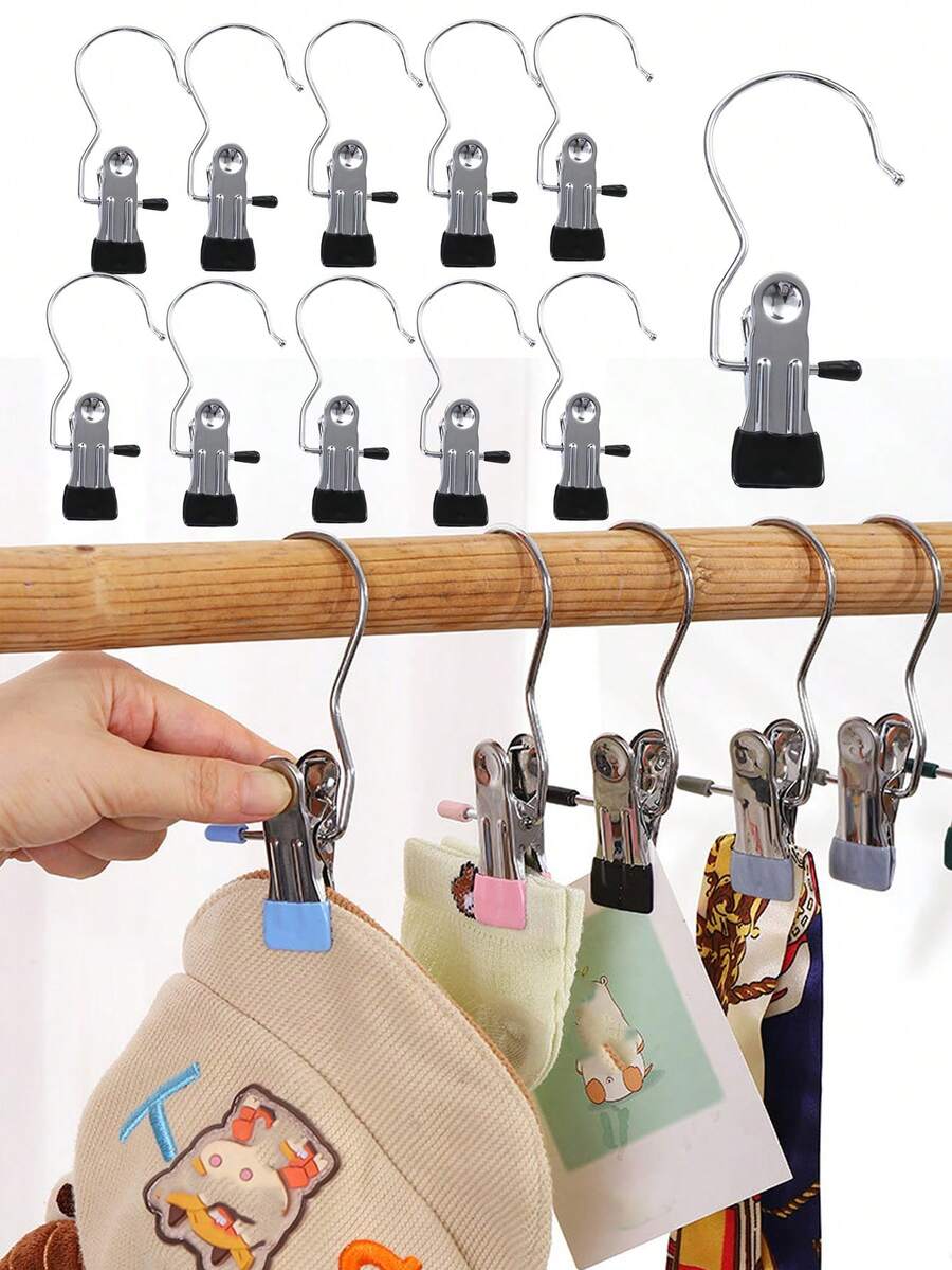 Tatukiko 10 件优质不锈钢衣夹，可调节金属裤架带夹子，洗衣衣钉带钩，便携式挂衣夹装饰服装装饰节日装饰裤子和裙子衣架带夹子 - 彩色 - 查看 1