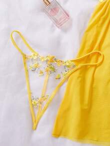 Women Solid Mesh & Contrast Lace See-Through Slip Dress, Sexy And Fashionable, Rave - Yellow - View 5