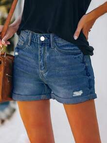 女士休闲水洗宽松牛仔裤，夏季新款百搭度假风 - 深色水洗藍 - 查看 2