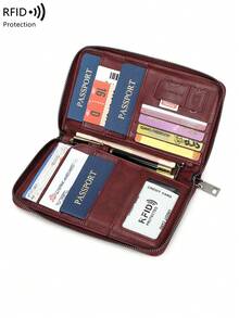 新款RFID屏蔽拉链钱包护照夹文件收纳包，多功能大容量钱包，时尚旅行收纳包，适合出国飞机旅行 - 酒紅色 - 查看 8