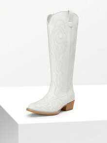 Women's Knee-High Boots, Comfortable Chunky Block Heel Pointed Toe Pull On Side Zipper Suede Slouch Riding Boots - White - View 5