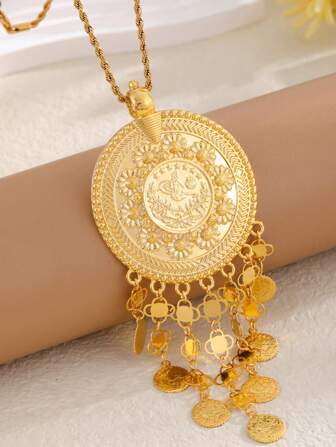 2025 New Dubai Fashion Gold Coin Vintage 60cm Tassel Titanium Steel Pendant Necklace, Arabic Bride Wedding Celebration Luxury Necklace Jewelry
