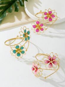 1pc Iron Alloy Double-Headed Enameled Floral Cuff Bracelet, Simple Elegant Fashion Elegant, Suitable For Mother's Day Gifts, Parties, And Daily Wear - Brushed Green - View 2