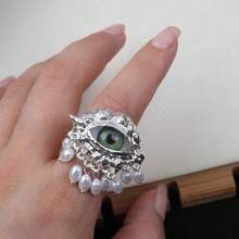 1pc Luxurious Fashion Evil Eye Pearl Tassel Ring, Exaggerated Personalized Alloy Ring With Pearl Tassel Design - Suitable For Daily Wear, Festivals, Parties, And Banquets