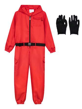 1 set Clown Halloween-kostuum, rood speluniform inclusief jumpsuit, handschoenen, riem, voor volwassenen, mannen, vrouwen, podiumoptredens, cosplay