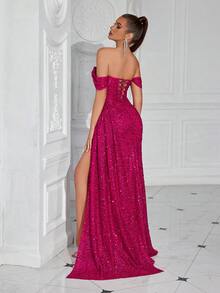 ADYCE Glitter Sweetheart Neck Pleated Waist Long Ribbon Tie Front Slit Backless Party Dress Prom Sequin Formal Dresses - Màu Hồng Tươi - Xem 2