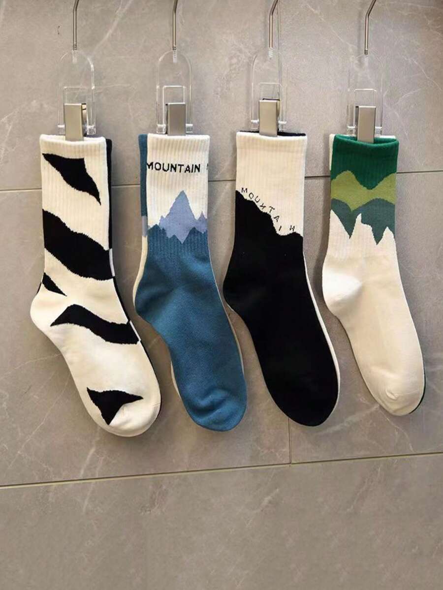 4双中筒袜，不对称设计袜子，适合女士、学生、情侣