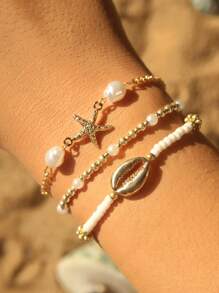 6/3 pièces Bracelet multicouche en perles pour l'été, ensemble de bracelets avec pendentifs étoile de mer et coquillage. Bijoux sexy de plage et de rendez-vous casual, cadeau pour femmes (nombre et ordre des perles aléatoires)