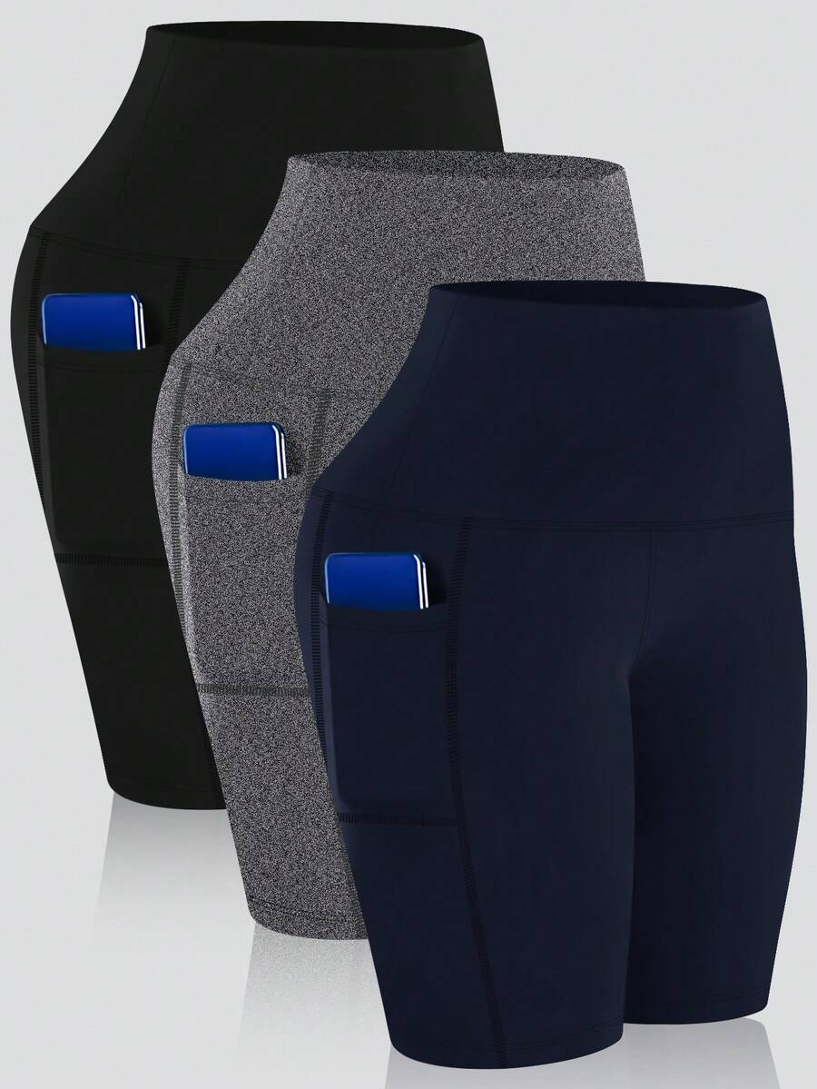 3pcs/Set Spring/Summer Seamless Knit Fabric Booty Shaping Yoga Shorts, High Elasticity, With Side Pockets - Multicolor - View 1
