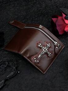 1 件高品质新款复古男士钱包短款时尚钱包朋克十字设计男士双折拉链钱包休闲钱包链条零钱包卡包男士钱包迷你钱包钱包男士钱包皮革小钱包 - 咖啡 - 查看 6