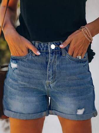 跨境美式街头风新款夏季百搭度假风宽松简约休闲下摆磨破纯色水洗女牛仔裤