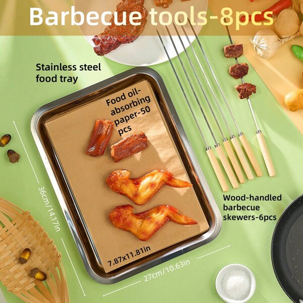 Juego de 8 piezas para BBQ, incluye bandeja de acero inoxidable para alimentos, 6 pinchos de mango de madera, 50 hojas de papel absorbente de aceite, apto para camping al aire libre, utensilios de cocina, bodas, reuniones familiares
