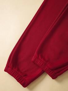 Hoodie Two-Piece Fashion Warm Plus Fleece Round Neck Sweatshirt + Sports Sweatpants Simple Letter Print Suitable For Autumn And Winter Running Exercise Leisure Home Comfort Set - Burgundy - View 5