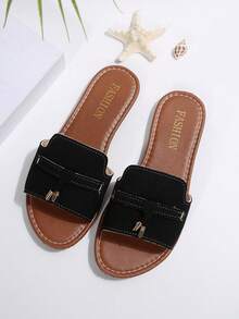 Giày sandal đế bệt hở mũi màu đen cho nữ có tua rua kim loại, giày lười quai mảnh hoàn thiện mờ, giày đi biển thường ngày, hàng mới về mùa hè - màu đen - Xem 7