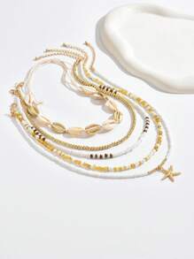 5pcs/Set Bohemian Style Random Color Glass Bead, Shell, Starfish Pendant Layered Necklace Set, Suitable For Beach Party, Vacation