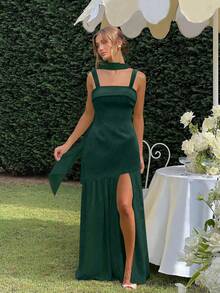 Vestido de verano de mujer de gasa con tirantes, parches y cinturón desmontable - Verde Oscuro - Ver 3