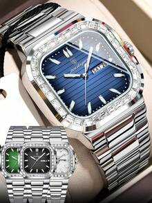 POEDAGAR 1块不锈钢方形表盘日期石英表，休闲防水夜光男士手表，时尚腕表，适合日常佩戴，男士礼物 - 均碼 - 查看 9