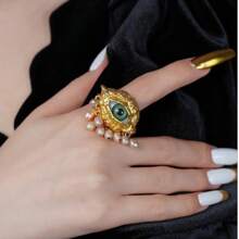 1pc Luxurious Fashion Evil Eye Pearl Tassel Ring, Exaggerated Personalized Alloy Ring With Pearl Tassel Design - Suitable For Daily Wear, Festivals, Parties, And Banquets