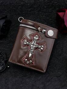 1 件高品质新款复古男士钱包短款时尚钱包朋克十字设计男士双折拉链钱包休闲钱包链条零钱包卡包男士钱包迷你钱包钱包男士钱包皮革小钱包 - 咖啡 - 查看 2