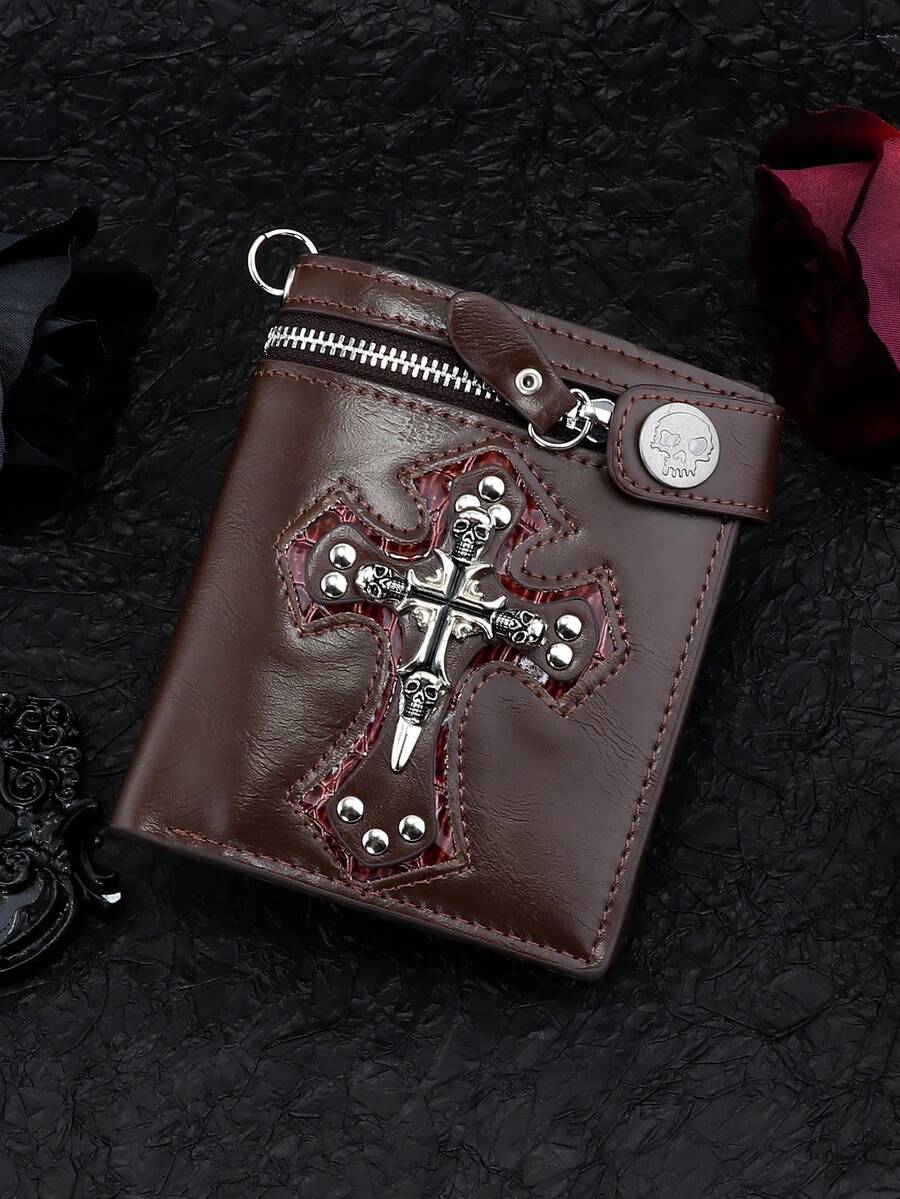 1 件高品质新款复古男士钱包短款时尚钱包朋克十字设计男士双折拉链钱包休闲钱包链条零钱包卡包男士钱包迷你钱包钱包男士钱包皮革小钱包