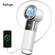 SULVGO Ventilatore da raffreddamento a semiconduttore ultra portatile con cavo di prolunga integrato e batteria ad alta capacità da 9000mAh, in grado di caricare il telefono in qualsiasi momento, ventilatore palmare ad alta velocità, versatile ventilatore a 100 velocità e 11000 giri/min, ventilatore pieghevole e da collo adatto per famiglia, viaggio e scuola, regalo per il fidanzato, la fidanzata, il miglior amico