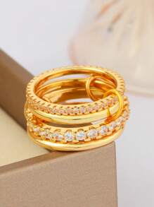1 pieza Anillo de mujer personalizado de 4 capas de cobre con circonita, versátil y creativo, adecuado para fiesta, regalos de festivales, uso diario