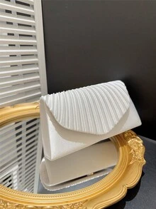女士经典优雅褶皱设计翻盖晚宴手拿包、正式派对钱包、新娘婚礼信封手提包、适合礼服的链条单肩包 - 白色 - 查看 9