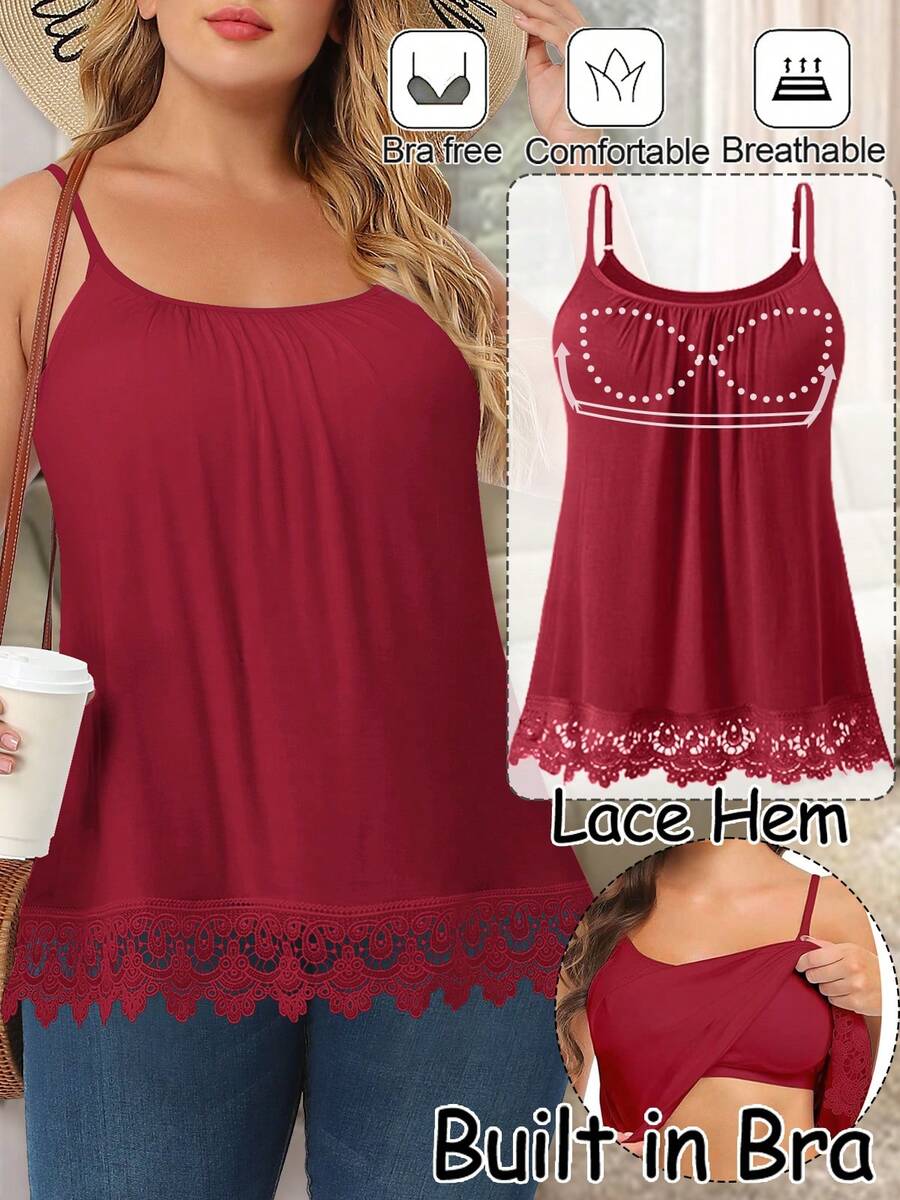 Women's Cami With Built In Bra Cup Casual Flowy Swing Pleated Tank Top With Adjustable Strap Lace Camisoles Top For Women With Built In Bra Adjustable Strap Tank Top Summer Loose Cami Shirts Plus Size S-4XL Lace Hem Basic Tops