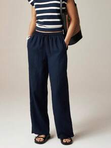 Women's Navy Blue Wide Leg Pants, Elegant Loose Fit Casual Striped Trousers