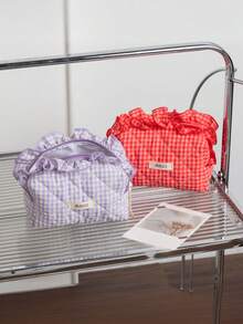 1pc Berry Color Lace Large Capacity Portable Cosmetic Bag With Zipper Closure, Suitable For Storing Lipstick, Makeup Brushes, Skincare Products, Phone, Coins, Small Items, For Home, Travel, Vacation, Wedding, Bridesmaid Gift, Mother's Gift, Birthday Gift, Cruise Essential, Christmas Gift, Makeup Bag, Travel, Women Travel Essential Gift, Cosmetic Bag - Multicolor - View 2