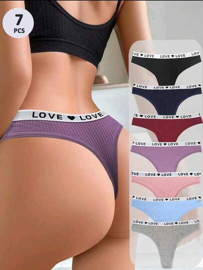 7PCS Cotton Thong Panties – Ribbed Stretch Underwear With LOVE Waistband